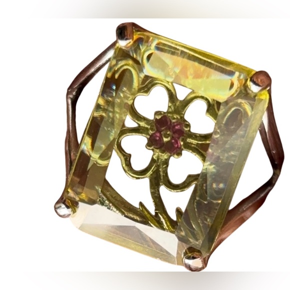 Brass Rhodium Yellow Cz Ruby Rose Shamrock Ring 7 - Picture 2 of 9